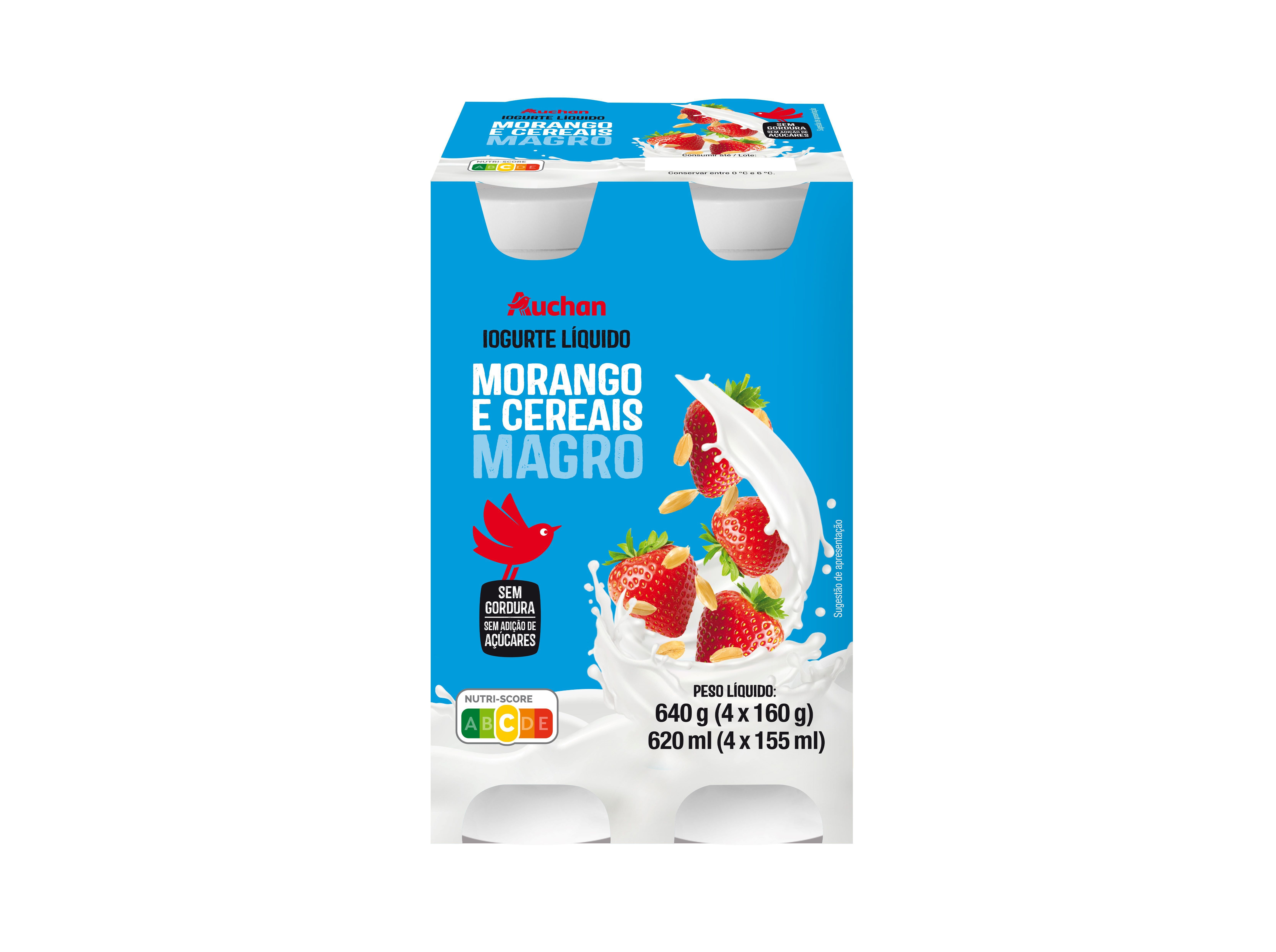 IOGURTE L&Iacute;QUIDO MAGRO AUCHAN MORANGO E CEREAIS 4X160G image number 0