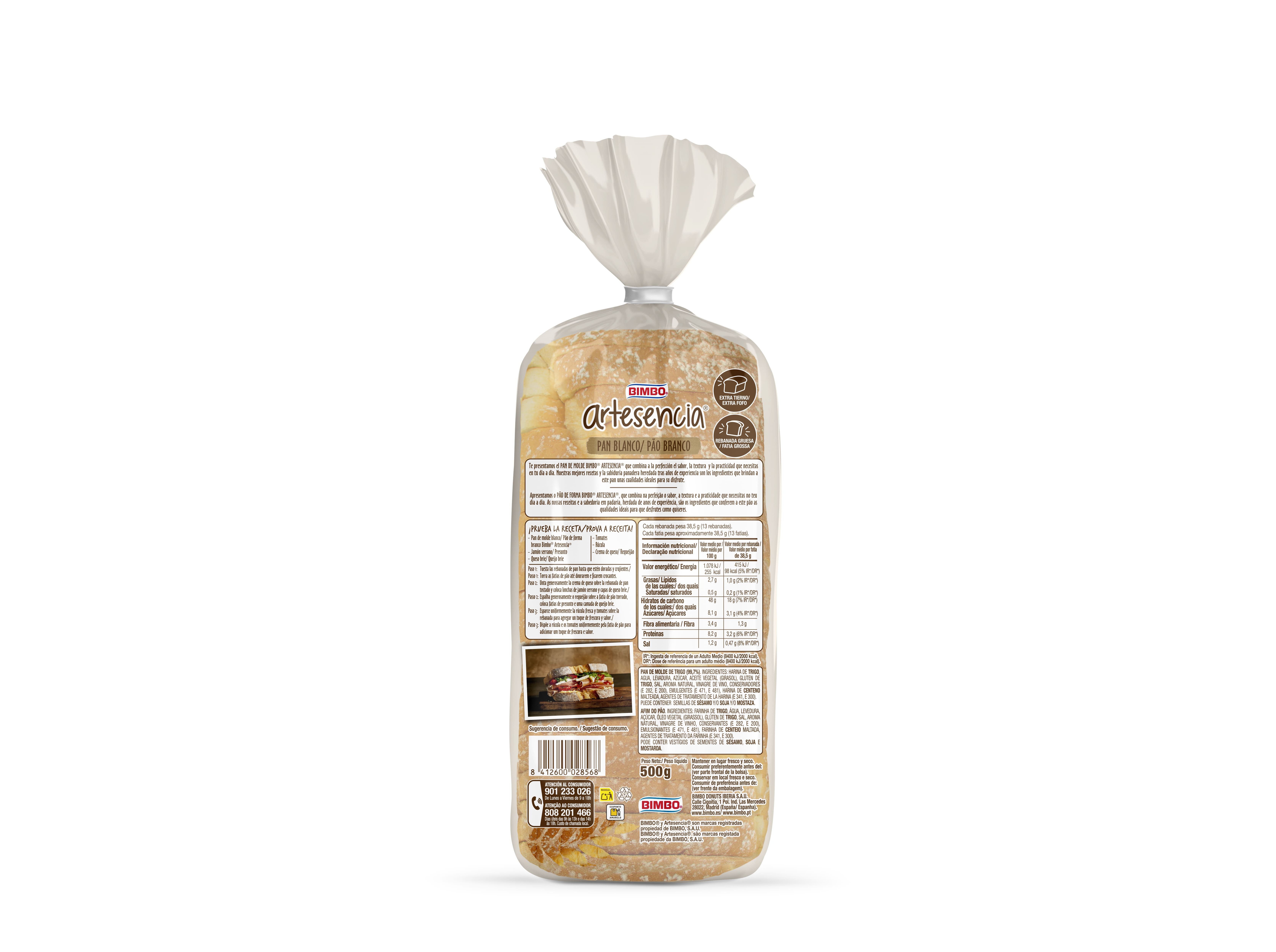 P&Atilde;O BRANCO BIMBO ARTESENCIA COM C&Ocirc;DEA 500G image number 1