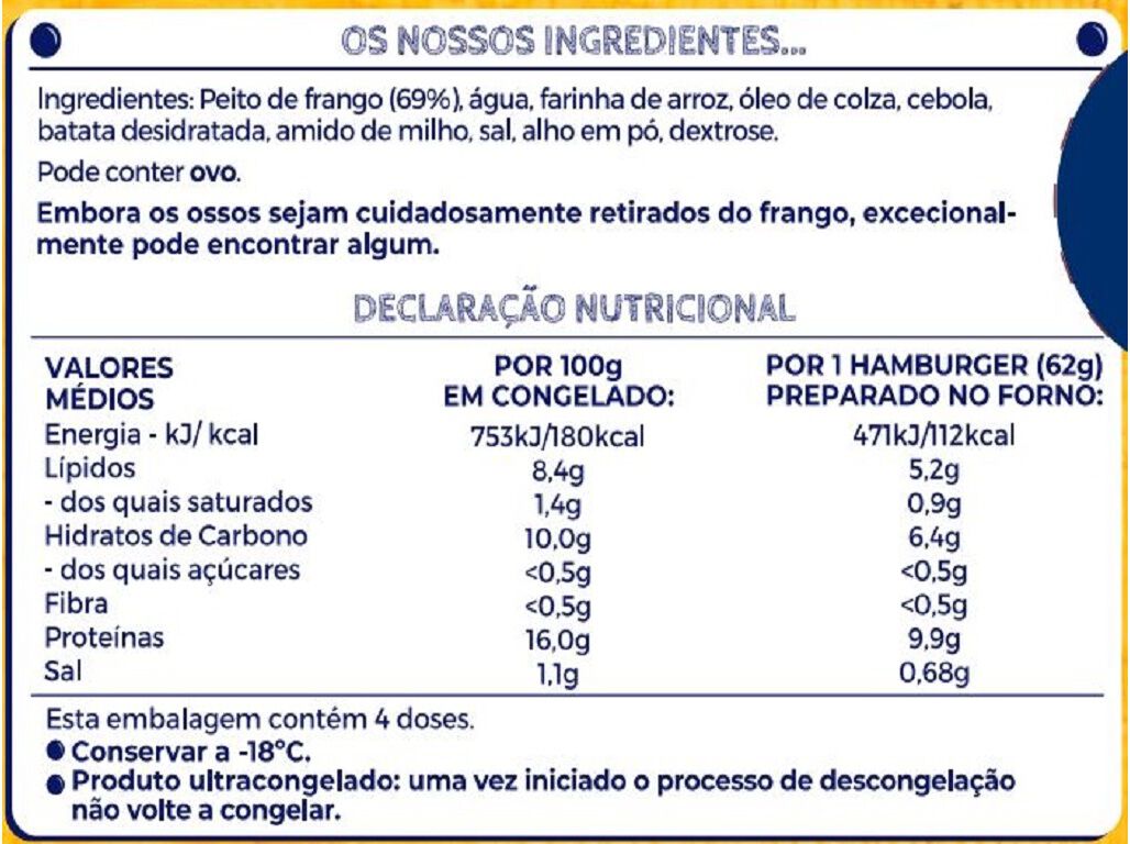 HAMBURGUERES IGLO FRANGO SEM GL&Uacute;TEN 4UN 240G image number 1