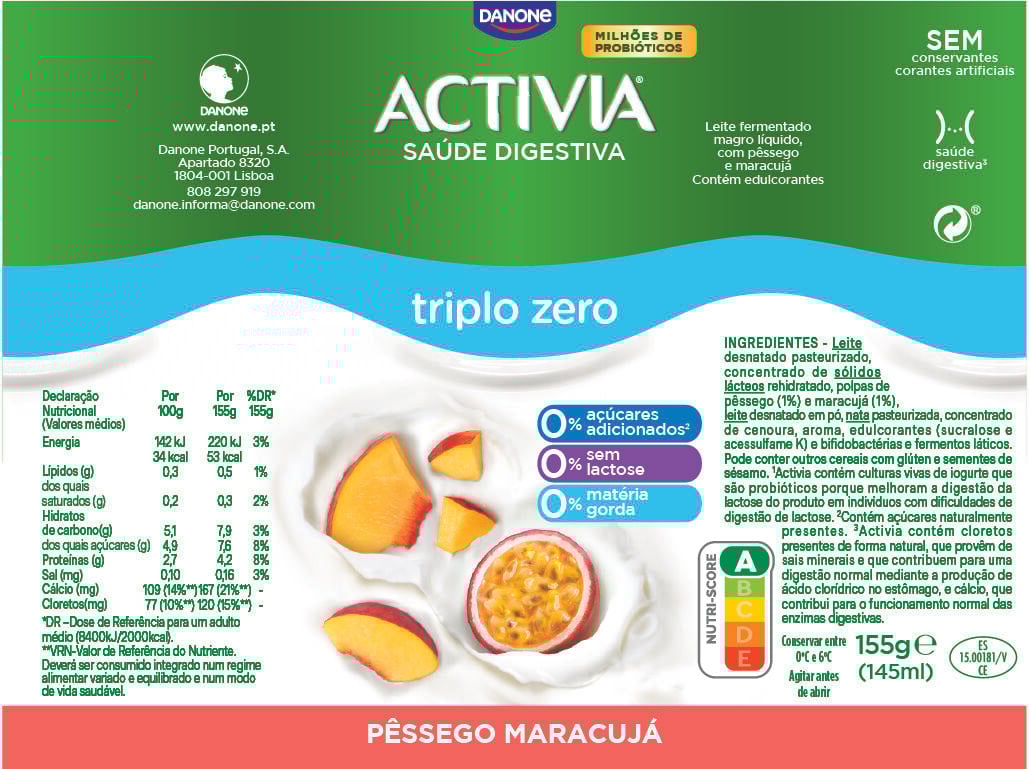 BIFIDUS DANONE ACTIVIA L&Iacute;QUIDO P&Ecirc;SSEGO E MARACUJ&Aacute; 0% 4X155G image number 1