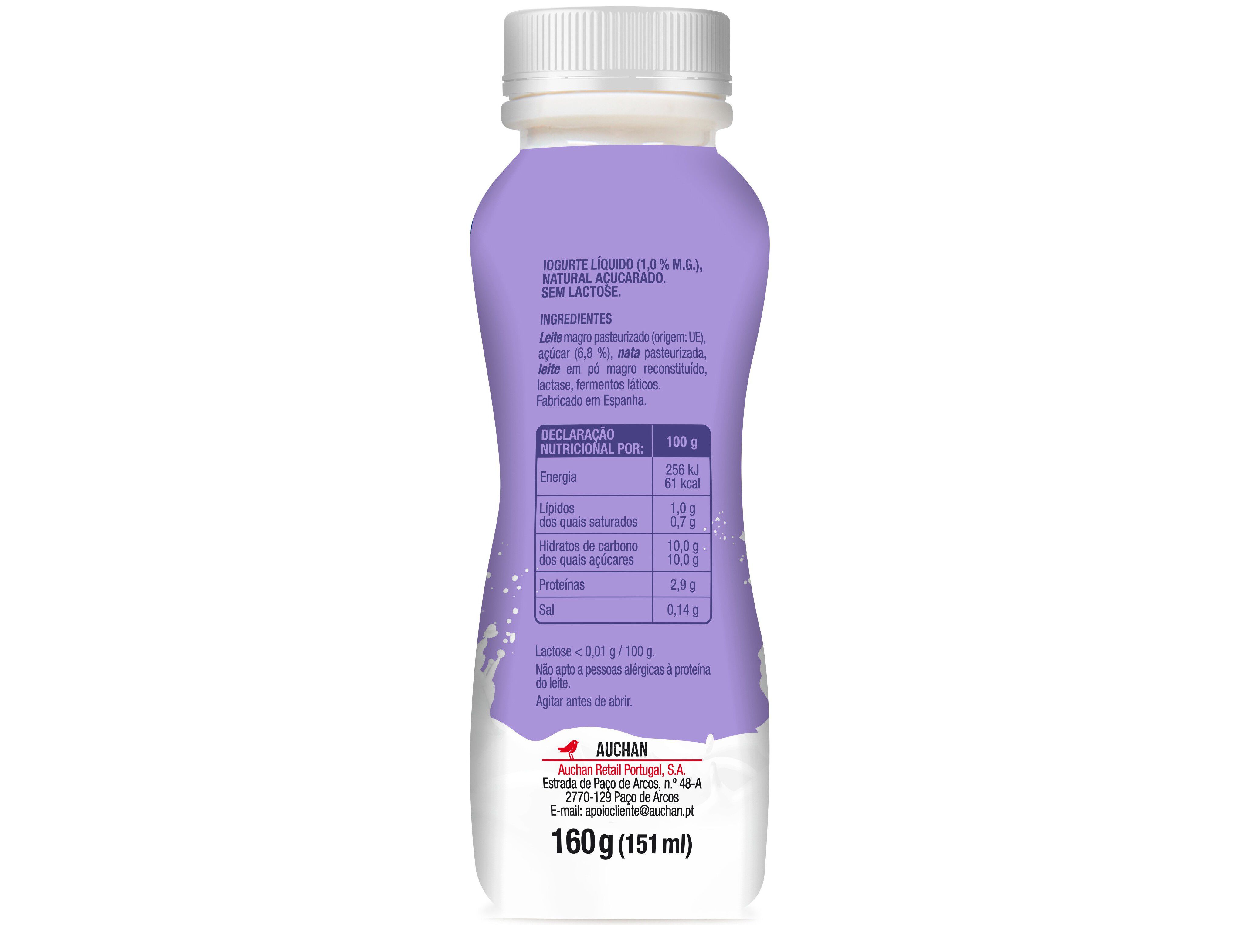 IOG L&Iacute;QUIDO SEM LACTOSE AUCHAN NATURAL A&Ccedil;&Uacute;CARADO 160G image number 1