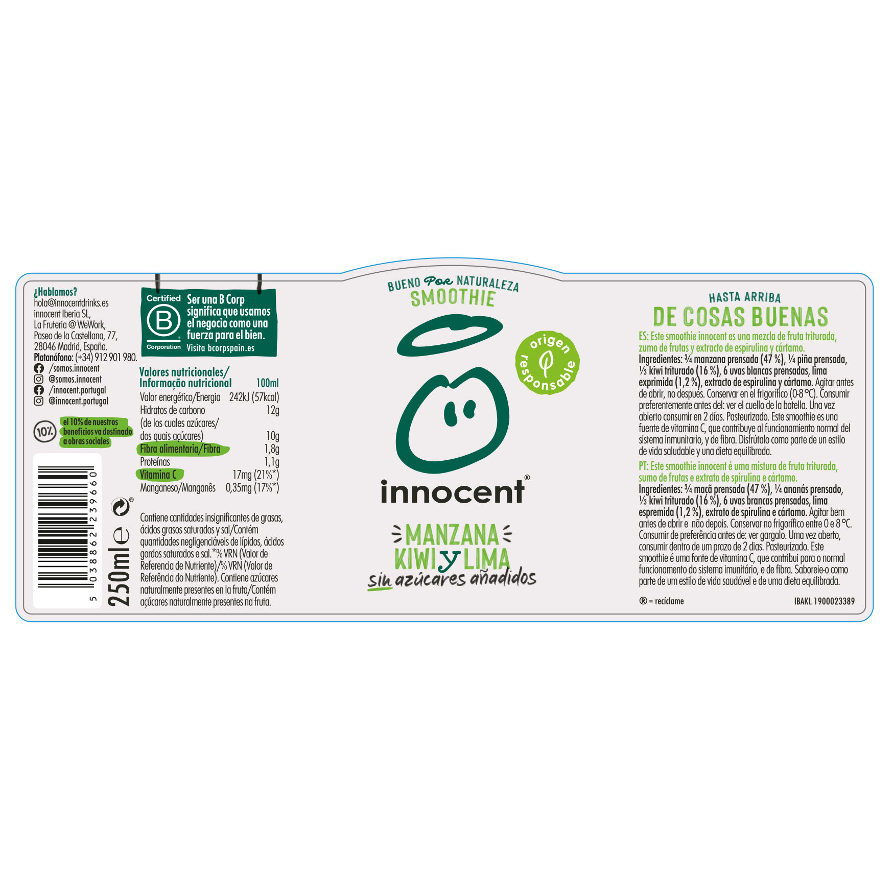 SMOOTHIE INNOCENT MA&Ccedil;&Atilde; KIWI E LIMA 250 ML image number 1
