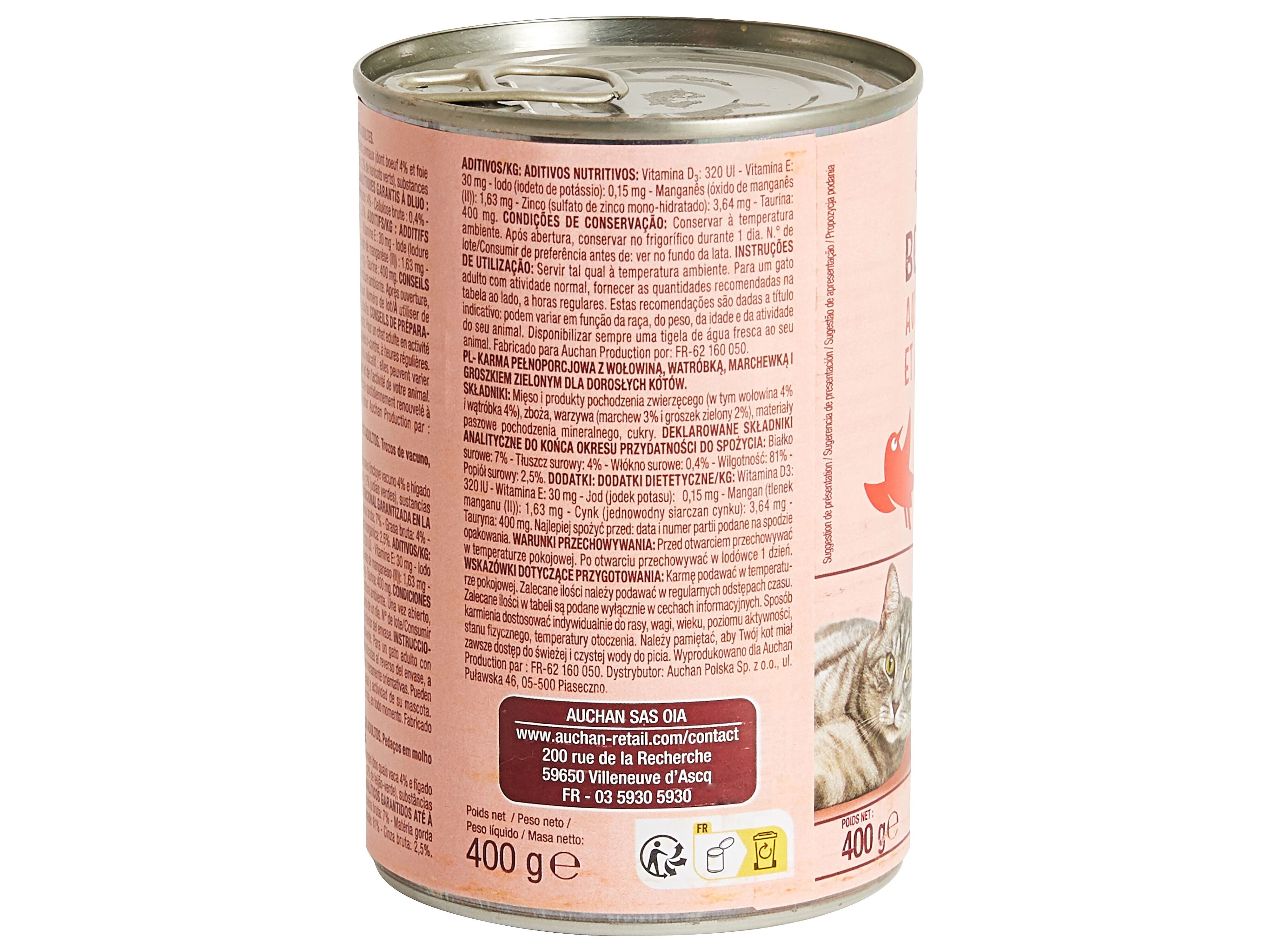 COMIDA H&Uacute;MIDA PARA GATO AUCHAN PEDA&Ccedil;OS EM MOLHO COM VACA COM F&Iacute;GADO E COM LEGUMES 400G image number 1