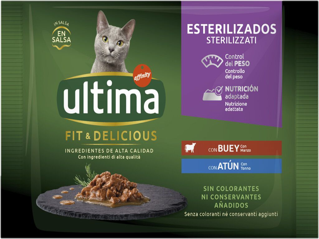 COMIDA H&Uacute;MIDA PARA GATO ULTIMA ESTERILIZADO VACA / ATUM 4X85G image number 1