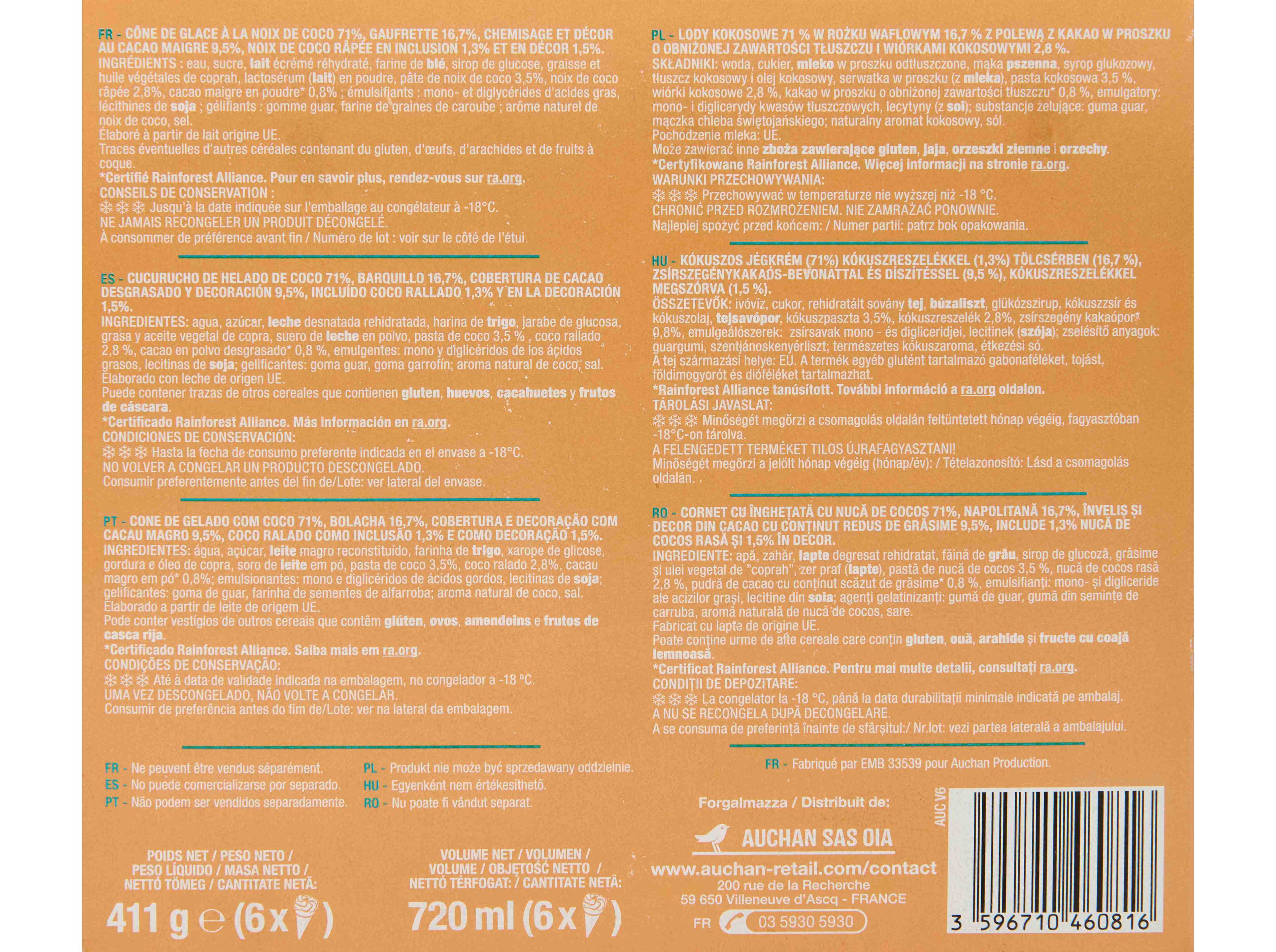 GELADO CONE AUCHAN COCO 6X120ML image number 2