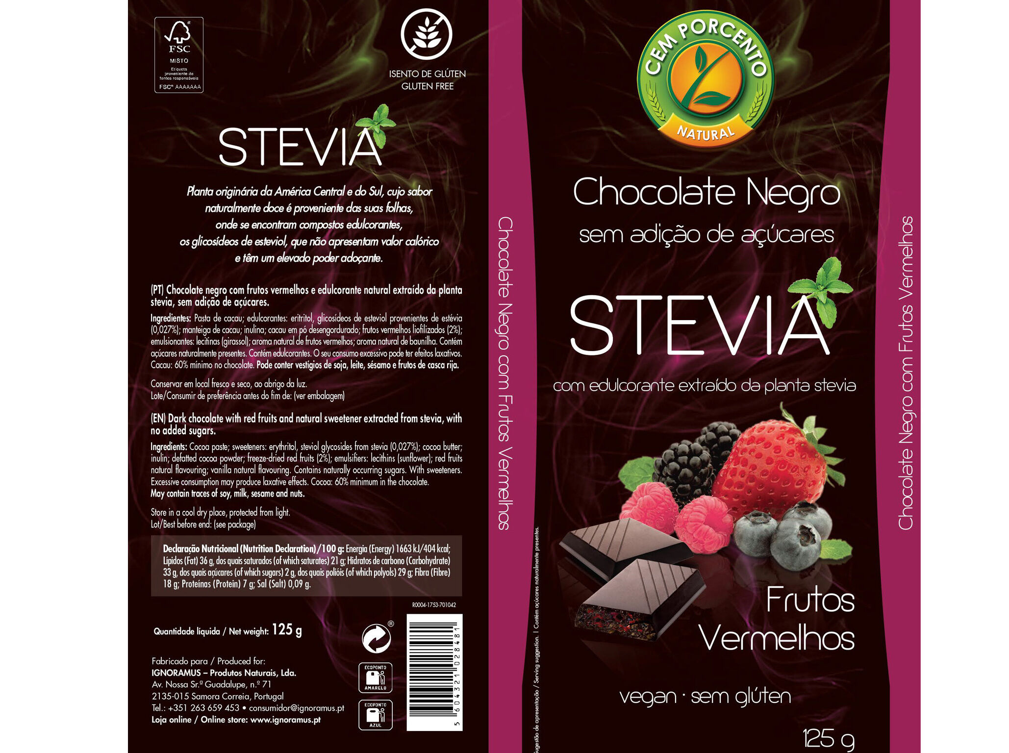 TABLETE CHOCOLATE NEGRO CEM PORCENTO STEVIA COM FRUTOS VERMELHOS 125G image number 1