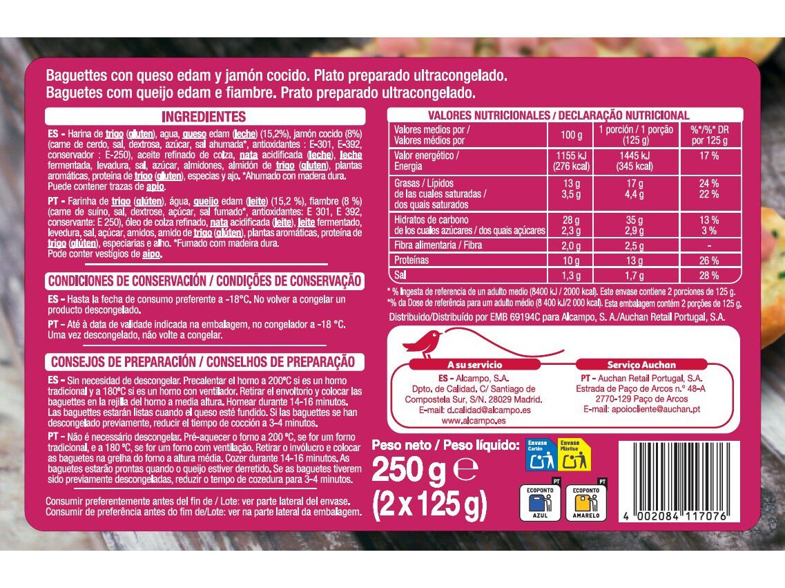 BAGUETES AUCHAN QUEIJO EDAM E FIAMBRE 2UN 250G image number 1