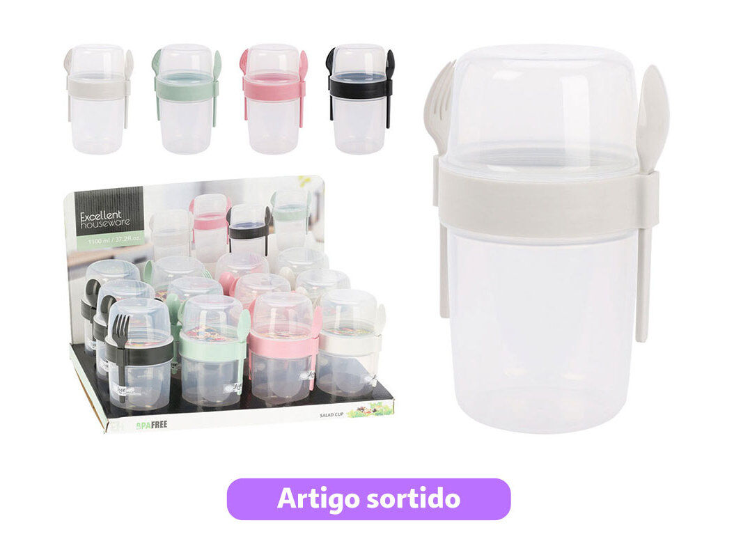 CAIXA PARA SALADA COM TALHERES E COMPARTIMENTOS 1.1L CORES SORTIDAS