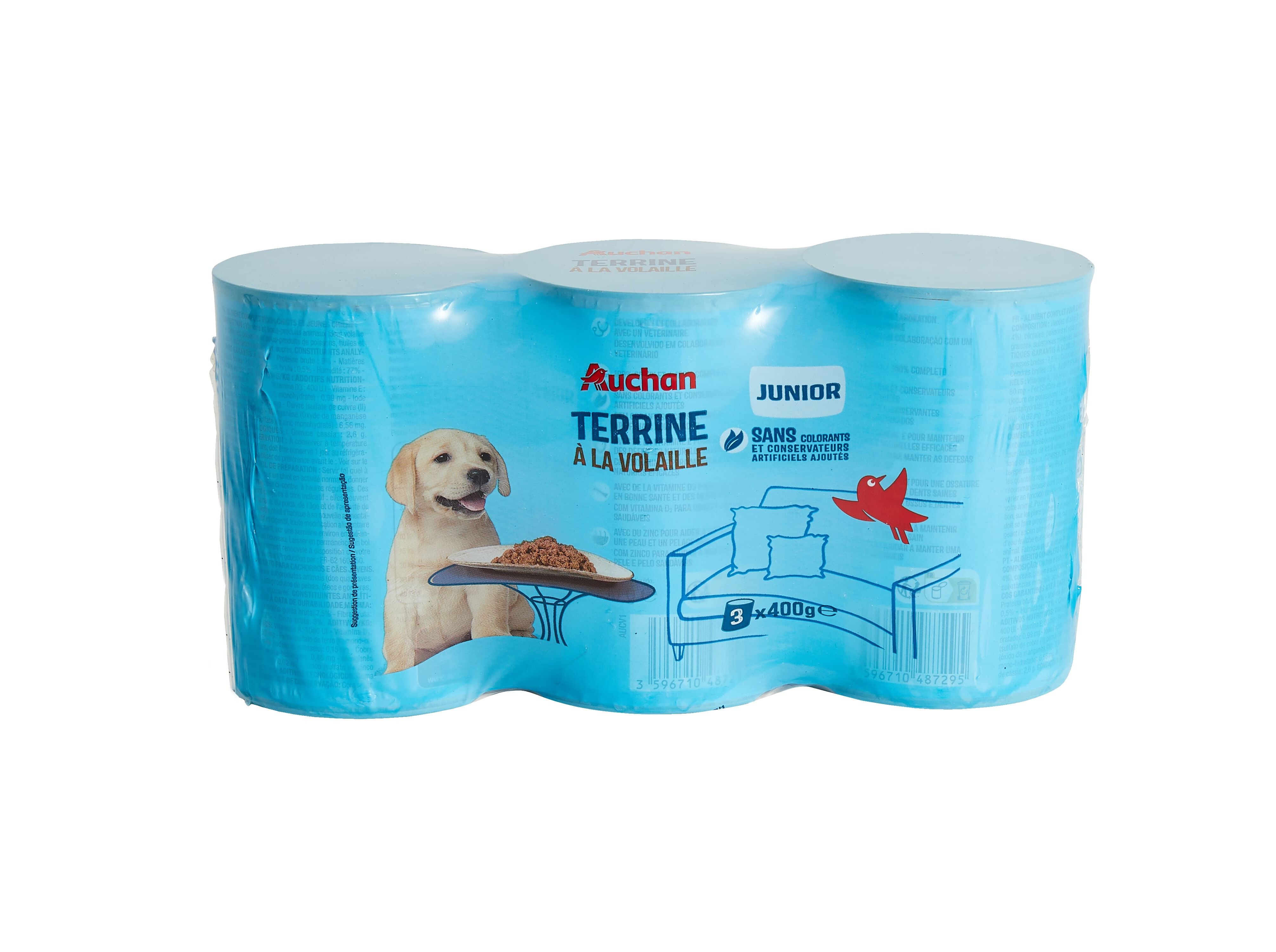 COMIDA H&Uacute;MIDA PARA C&Atilde;O AUCHAN J&Uacute;NIOR TERRINA AVES 3X400G