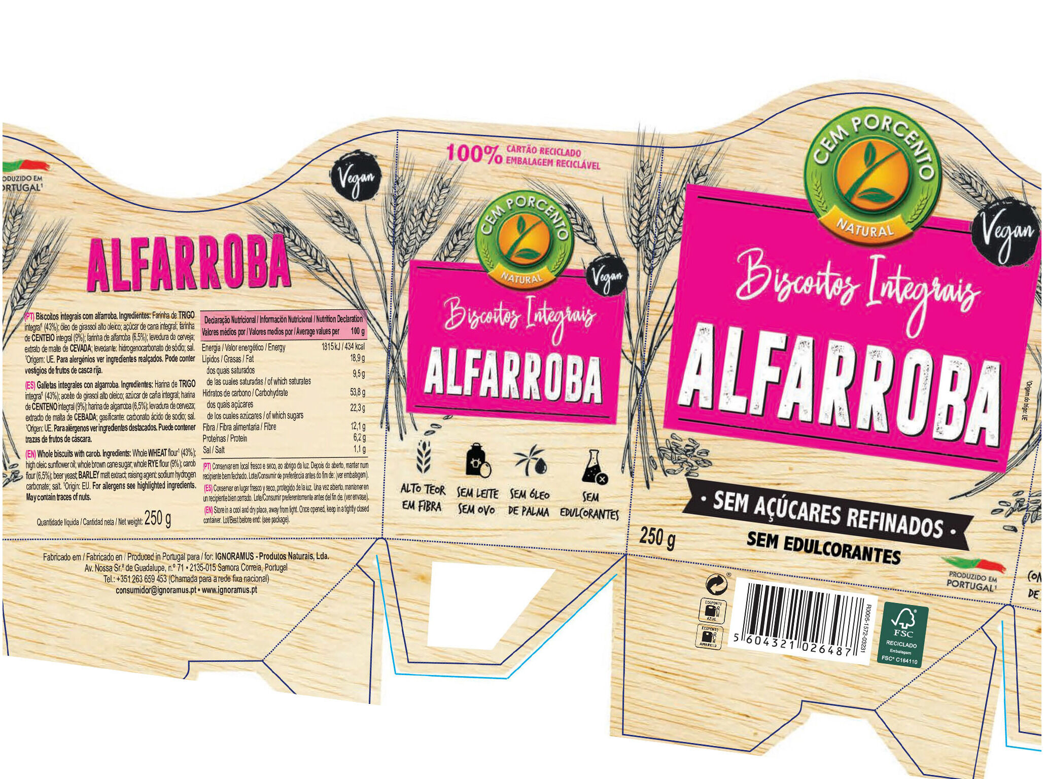 BISCOITOS CEM PORCENTO INTEGRAIS ALFARROBA 250G image number 1