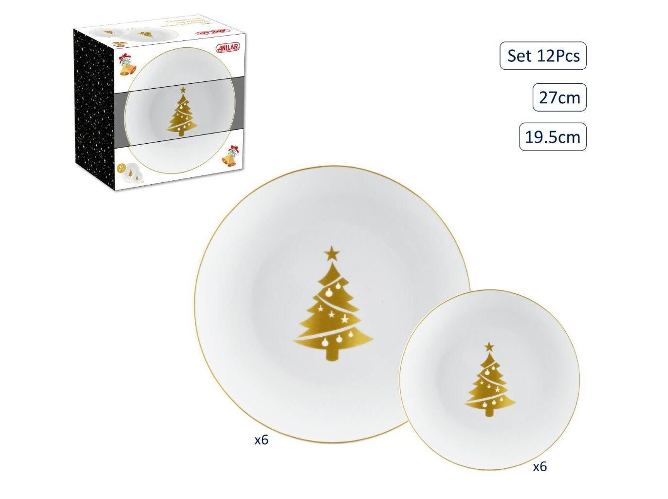SERVICO NATAL ANILAR 12 PE&Ccedil;AS: 6 X &Oslash;27CM + 6 X &Oslash;19.5CM