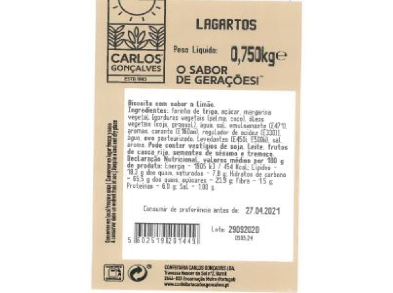 LAGARTOS CONFEITARIA CARLOS GON&Ccedil;ALVES COM SABOR A LIM&Atilde;O 750G image number 1