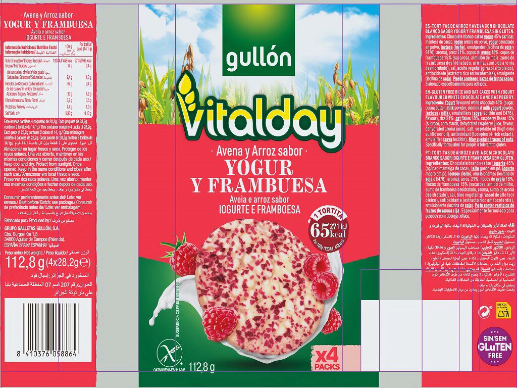 TORTITAS GULLON VITALDAY ARROZ E AVEIA IOGURTE E FRAMBOESA 112.8G image number 1