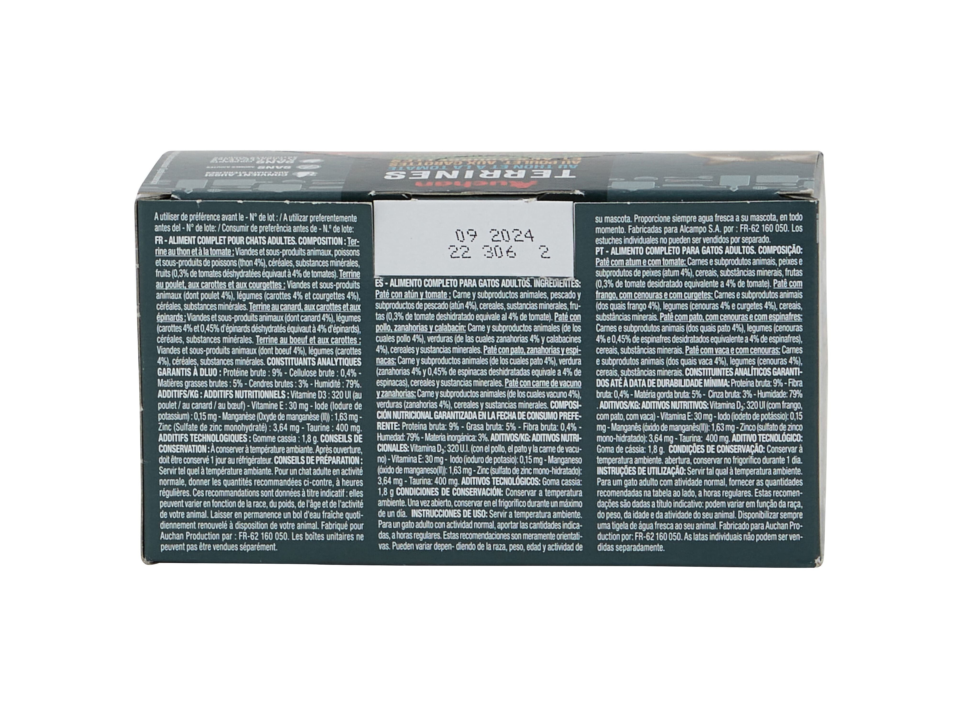 COMIDA H&Uacute;MIDA PARA GATO AUCHAN TERRINAS PEIXE E CARNE 4X85G image number 2