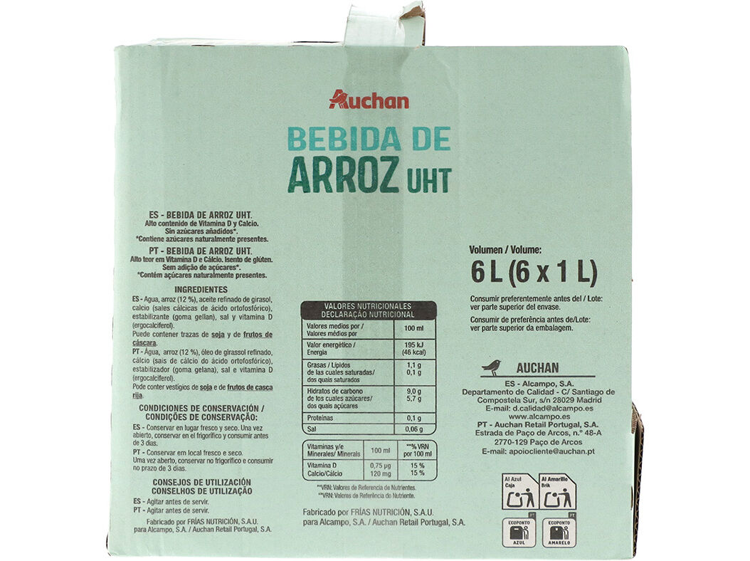 BEBIDA AUCHAN ARROZ SEM GL&Uacute;TEN 6X1L image number 1