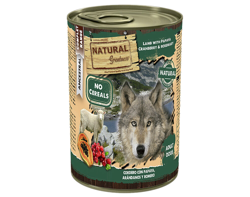 COMIDA H&Uacute;MIDA PARA C&Atilde;O NATURAL GREATNESS COM BORREGO E PAPAIA 400G