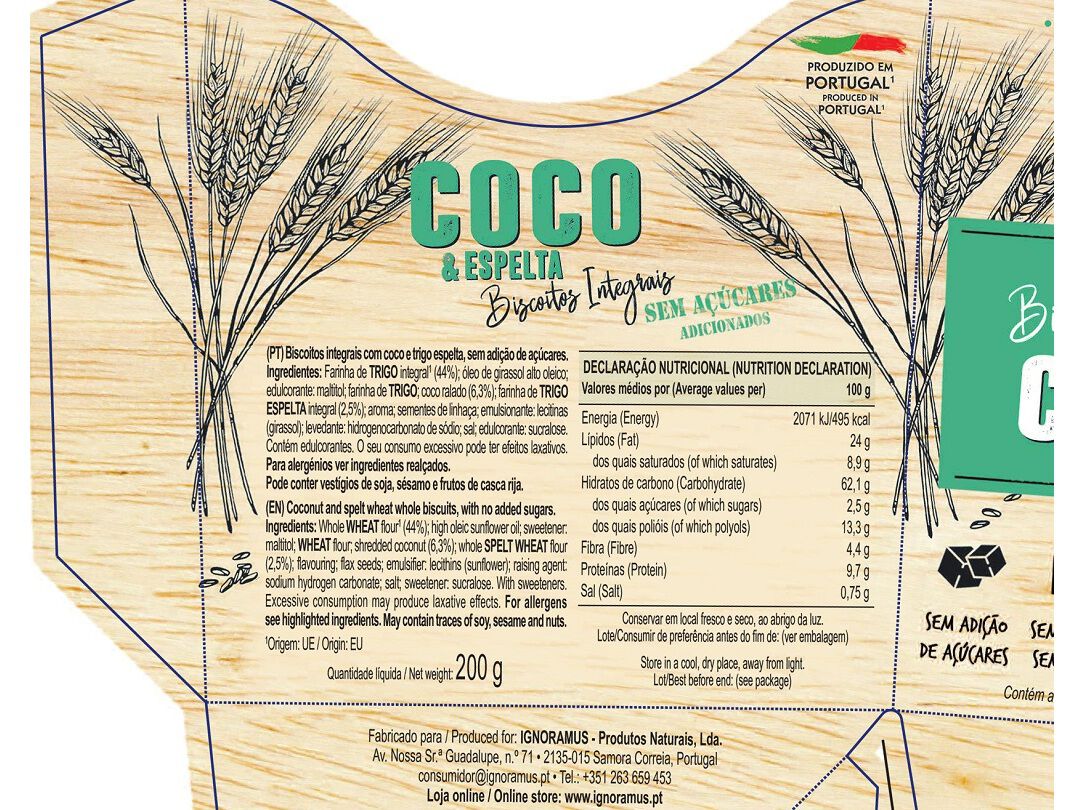 BISCOITOS INTEGRAIS CEMPORCENTO COCO/ESPELTA 200G image number 1