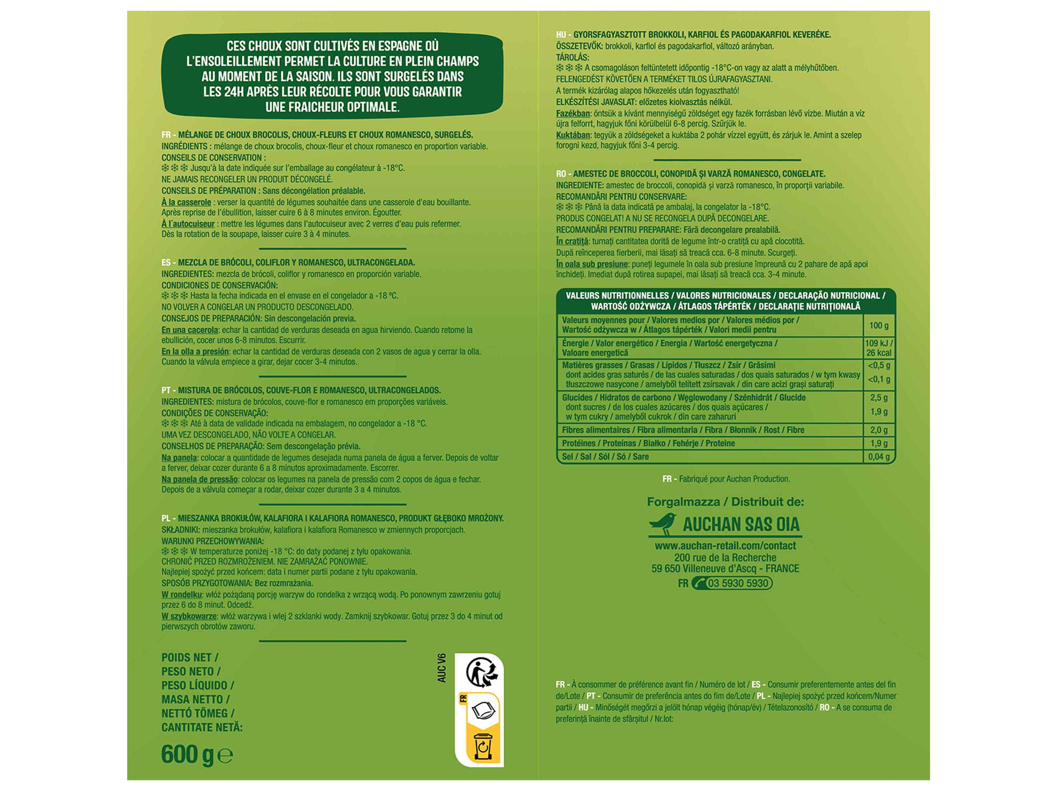 MISTURA AUCHAN DE BR&Oacute;CULOS COUVE FLOR E ROMANESCO 600G image number 1