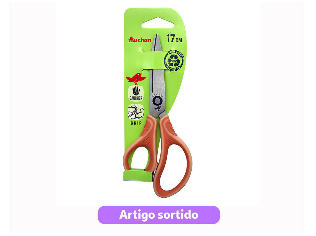 TESOURA PARA ESQUERDINOS AUCHAN 17CM BI-MATERIAL CORES SORTIDAS