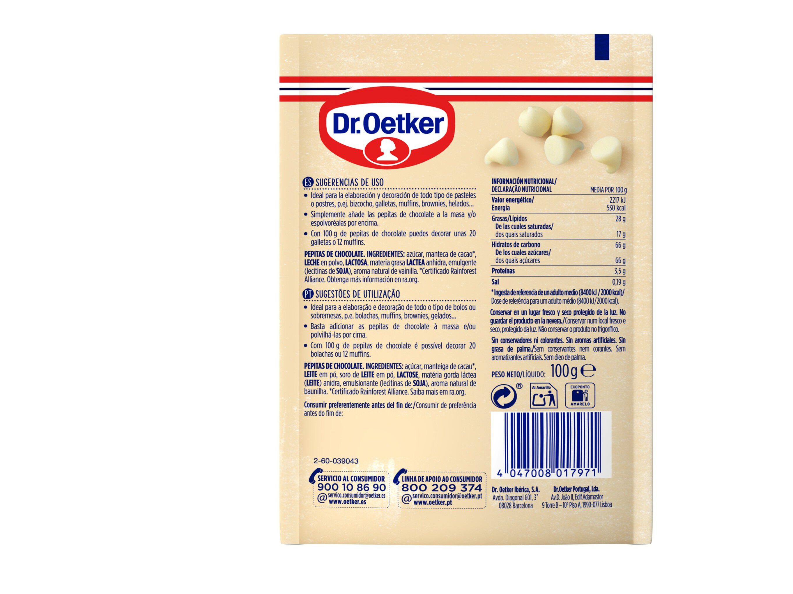 PEPITAS CHOCOLATE DR.OETKER BRANCO 100G image number 1