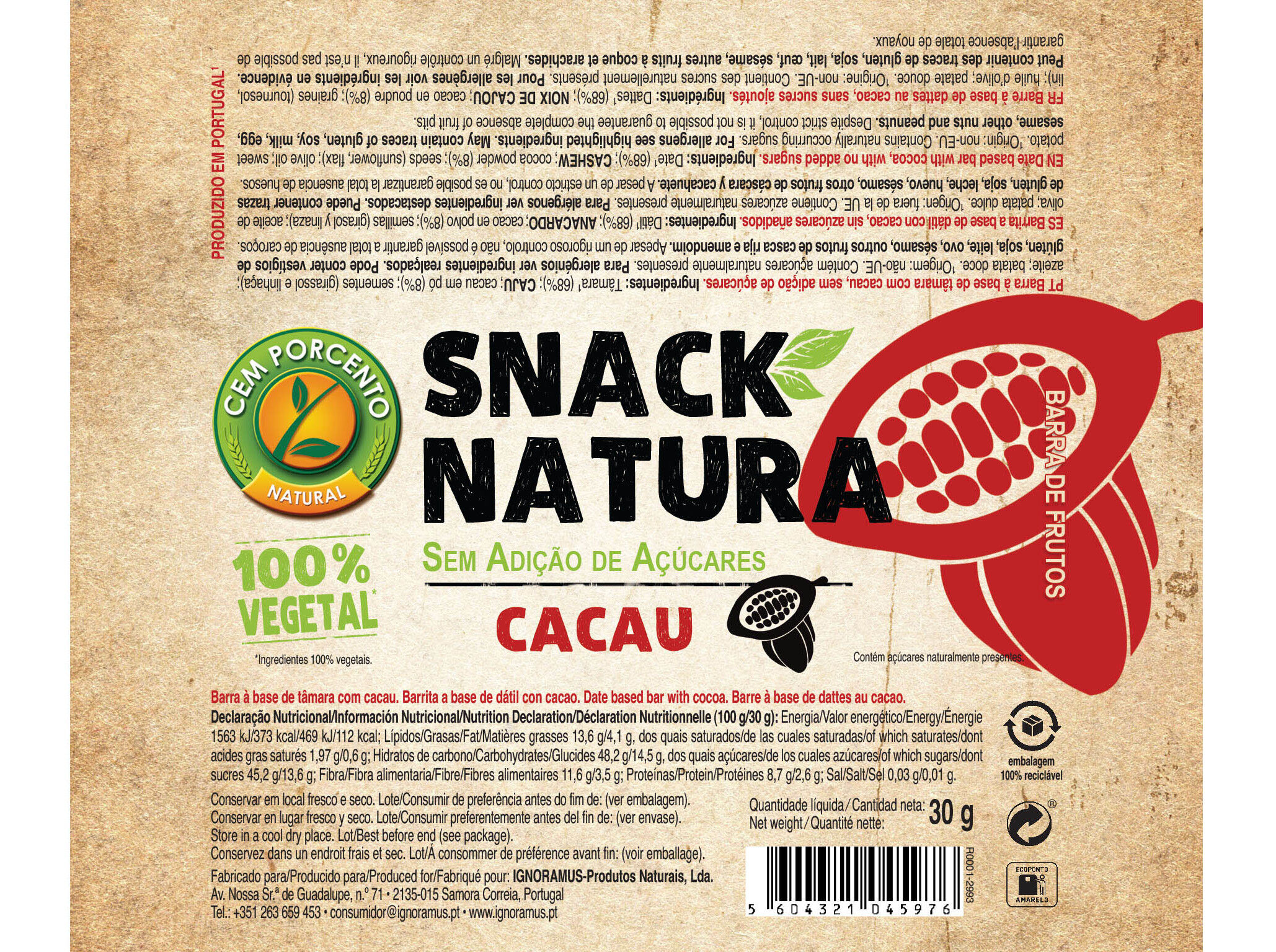 BARRA SNACK NATURA CEMPORCENTO CACAU 30G image number 1