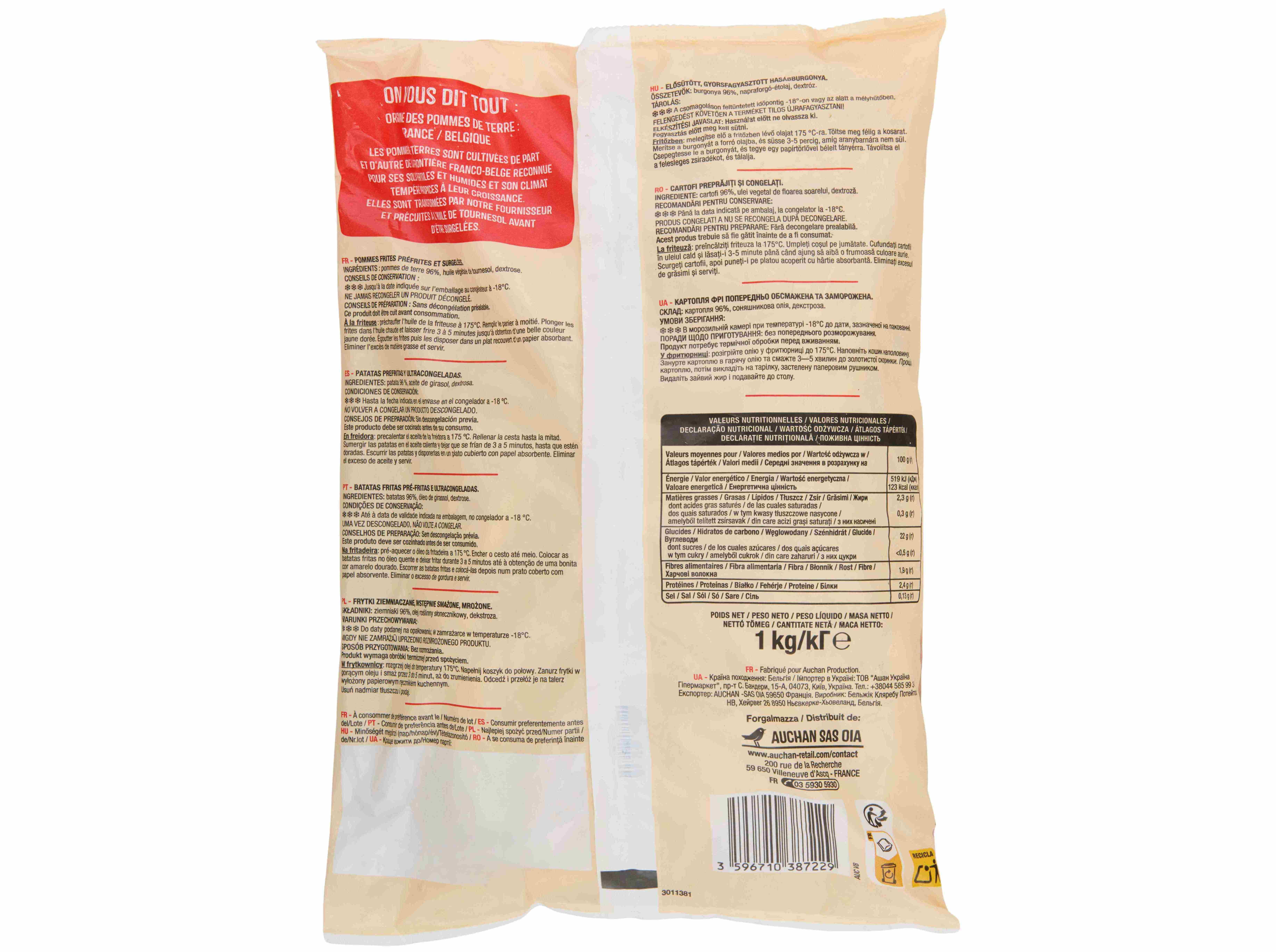 BATATAS AUCHAN PR&Eacute; FRITAS PALITO CLASSIC PARA FRITAR 1KG image number 1