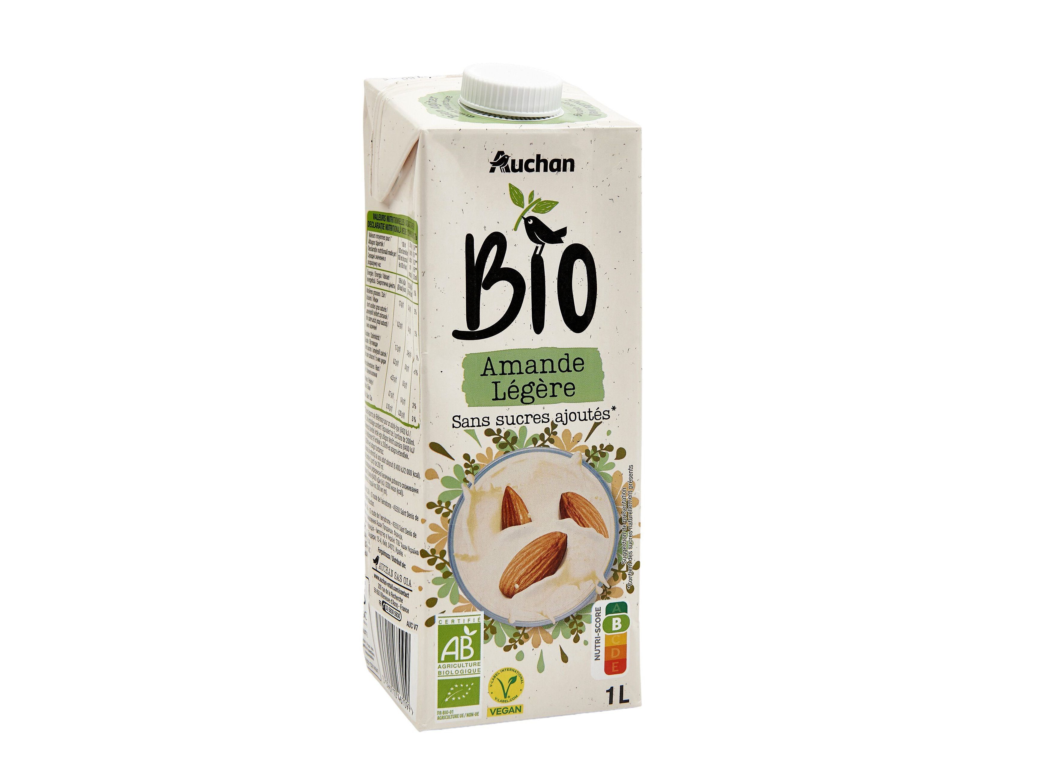 BEBIDA AUCHAN AM&Ecirc;NDOA BIO SEM A&Ccedil;&Uacute;CAR ADICIONADO 1L image number 1
