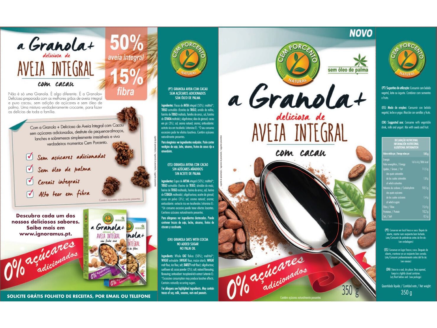 GRANOLA CEM PORCENTO CACAU SEM A&Ccedil;&Uacute;CAR ADICIONADO 350G image number 1