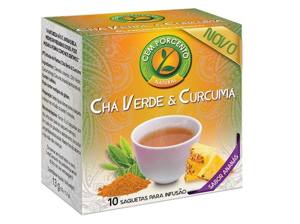 CH&Aacute; CEM PORCENTO VERDE E CURCUMA 10 SAQUETAS