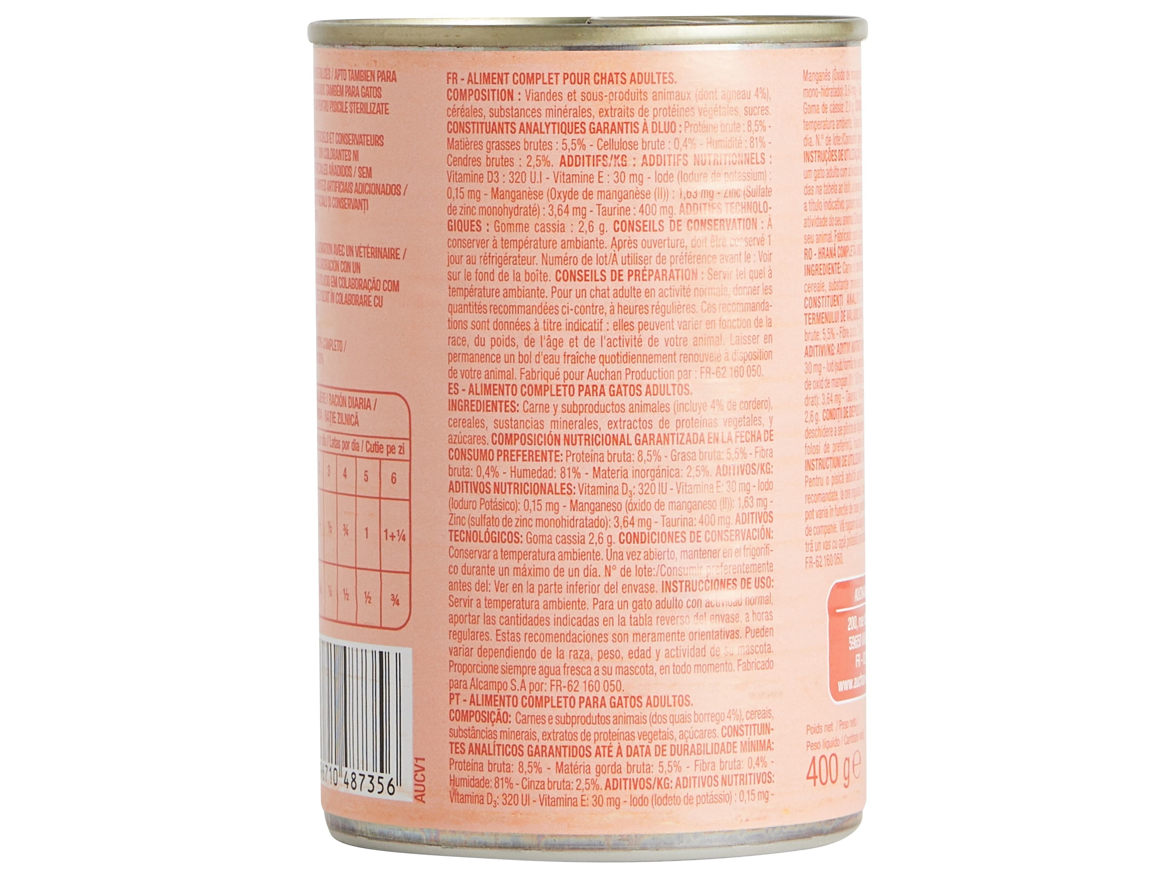 COMIDA H&Uacute;MIDA PARA GATO AUCHAN TERRINA BORREGO 400G image number 1