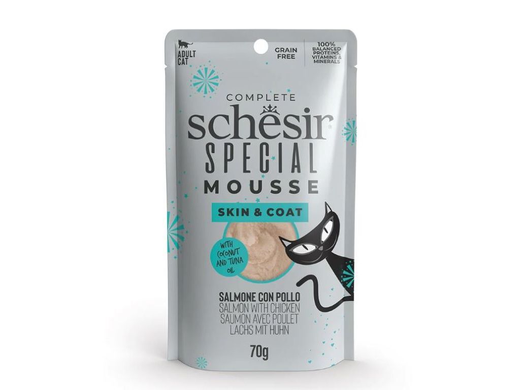 COMIDA H&Uacute;MIDA GATO SCHESIR MOUSSE PELE E PELO 70G image number 0