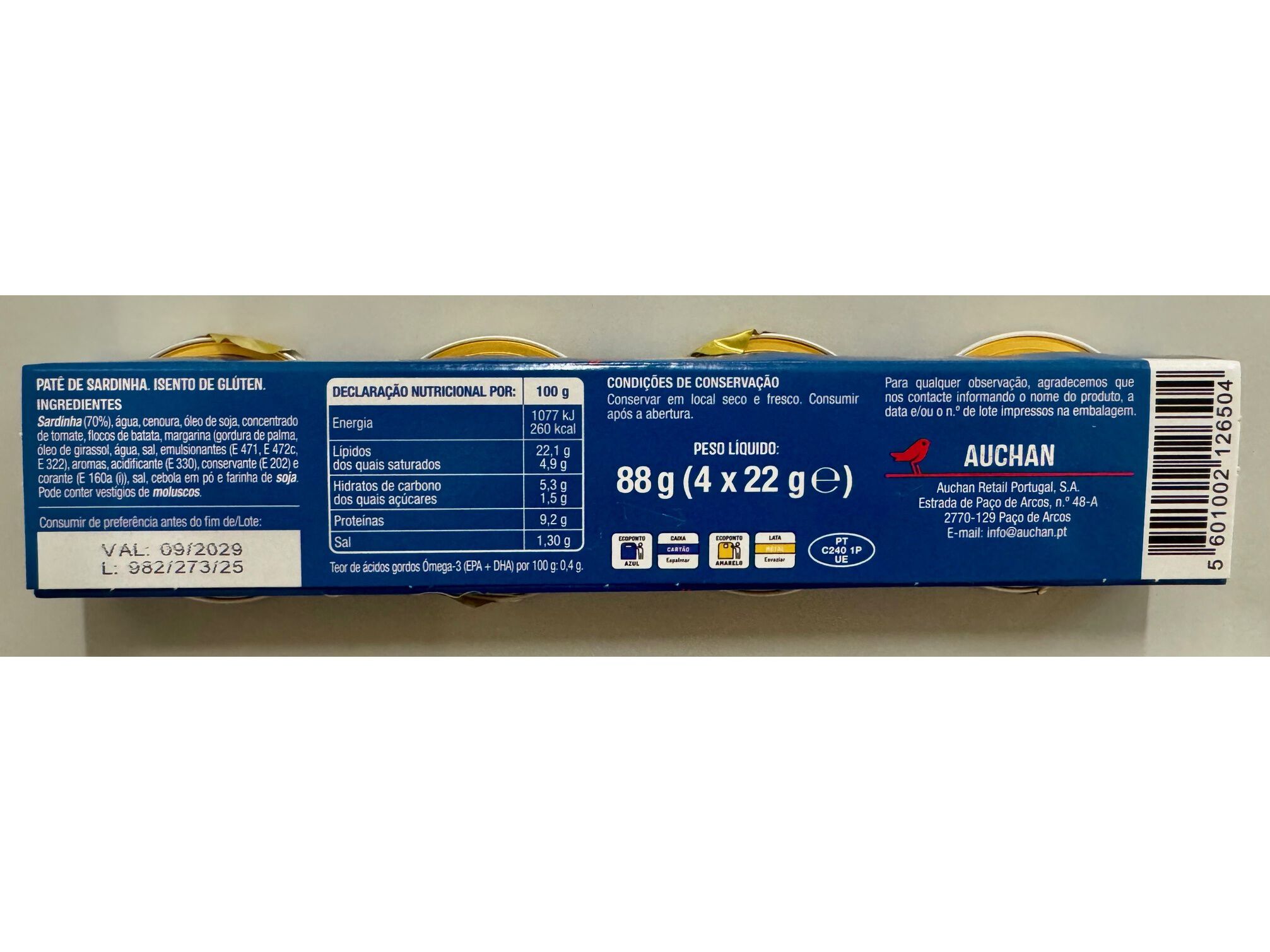 PAT&Eacute; DE SARDINHA AUCHAN 4*22G image number 1