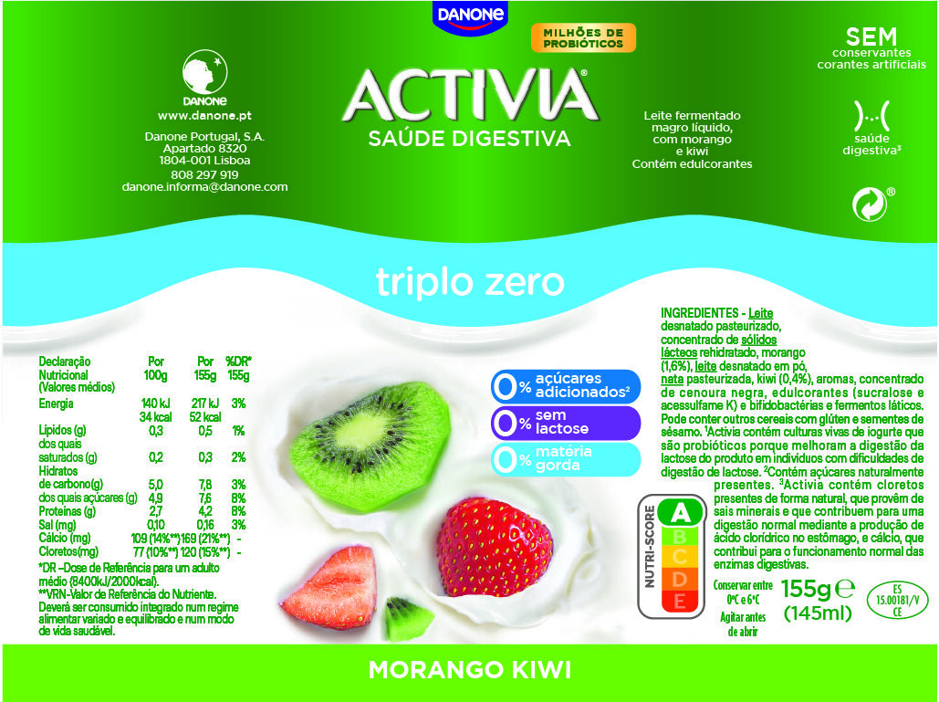 BIFIDUS DANONE ACTIVIA L&Iacute;QUIDO MORANGO E KIWI 0% 4X155G image number 1