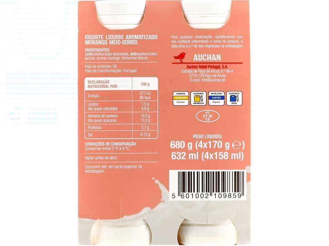 IOGURTE AUCHAN L&Iacute;QUIDO MORANGO 4X170G image number 2