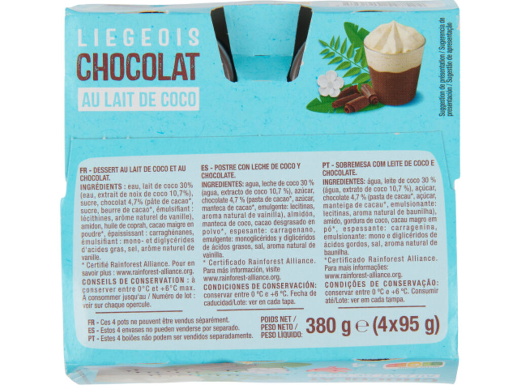 LIEGEOIS CHOCOLATE AUCHAN BASE LEITE DE COCO 4X95G image number 1