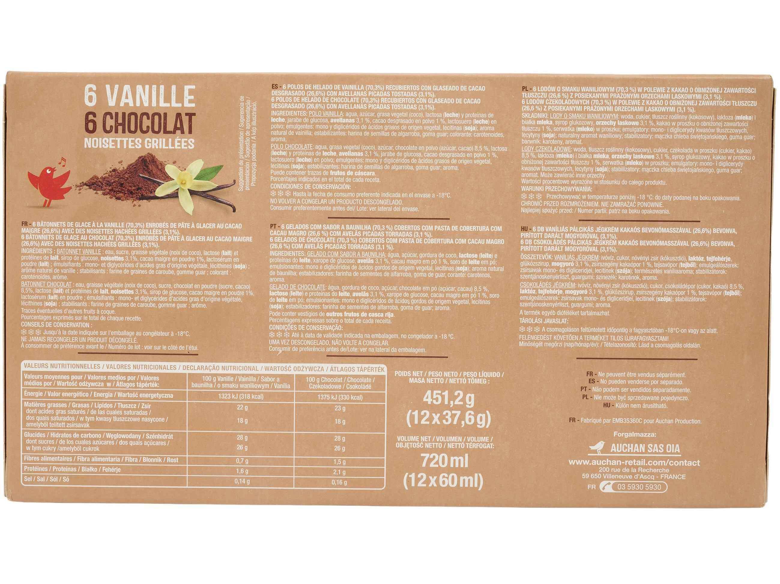 GELADO PALITO AUCHAN BAUNILHA CHOCOLATE 12X60ML image number 2