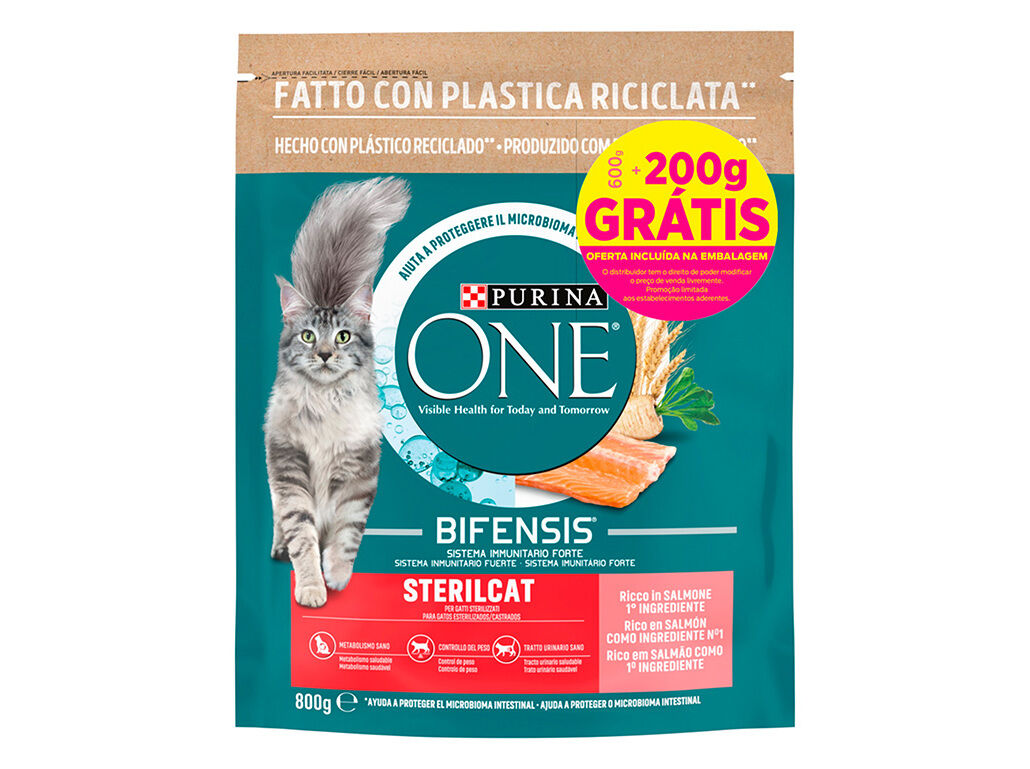 RA&Ccedil;&Atilde;O GATO PURINA ONE ESTERILIZADO SALM&Atilde;O 600G+200G image number 1