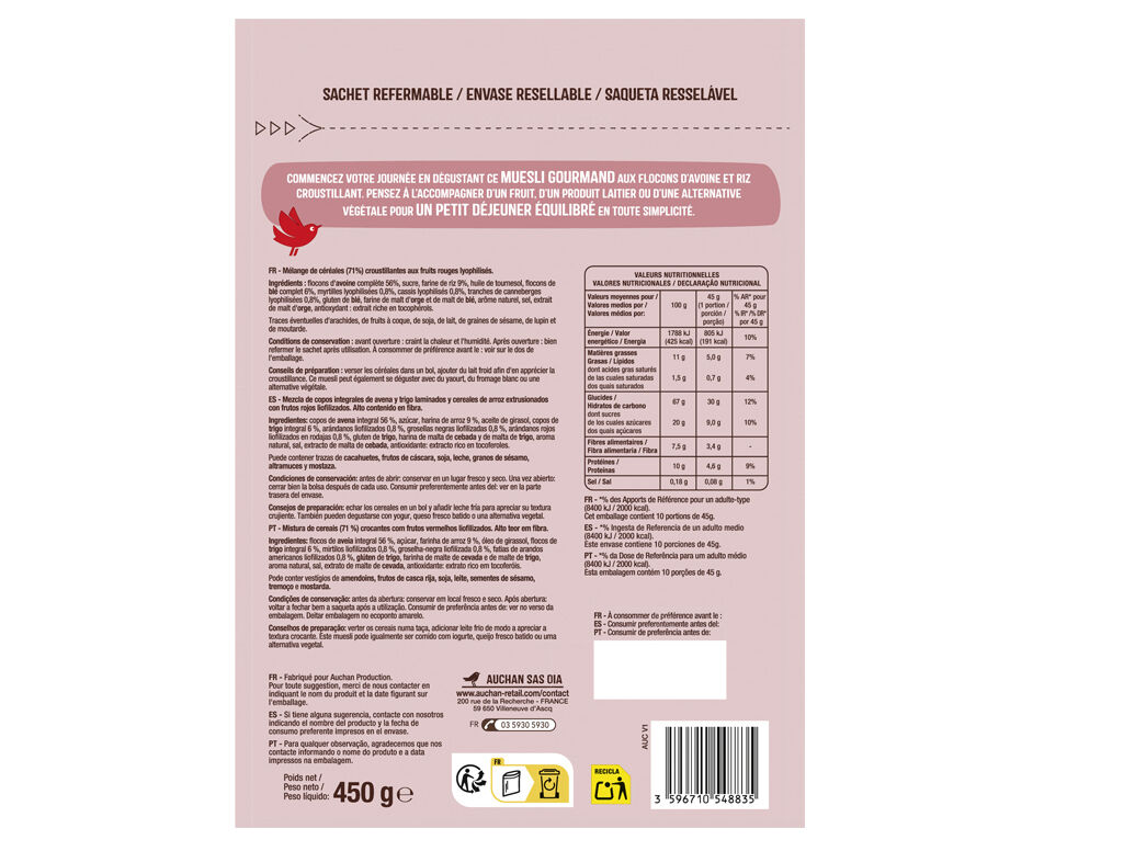 CEREAIS AUCHAN MUESLI FRUTOS VERMELHOS 450G image number 1