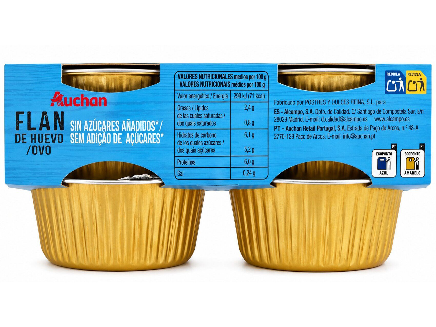 PUDIM FLAN DE OVO AUCHAN SEM ADI&Ccedil;&Atilde;O DE A&Ccedil;&Uacute;CARES SEM GL&Uacute;TEN 4X100G image number 2