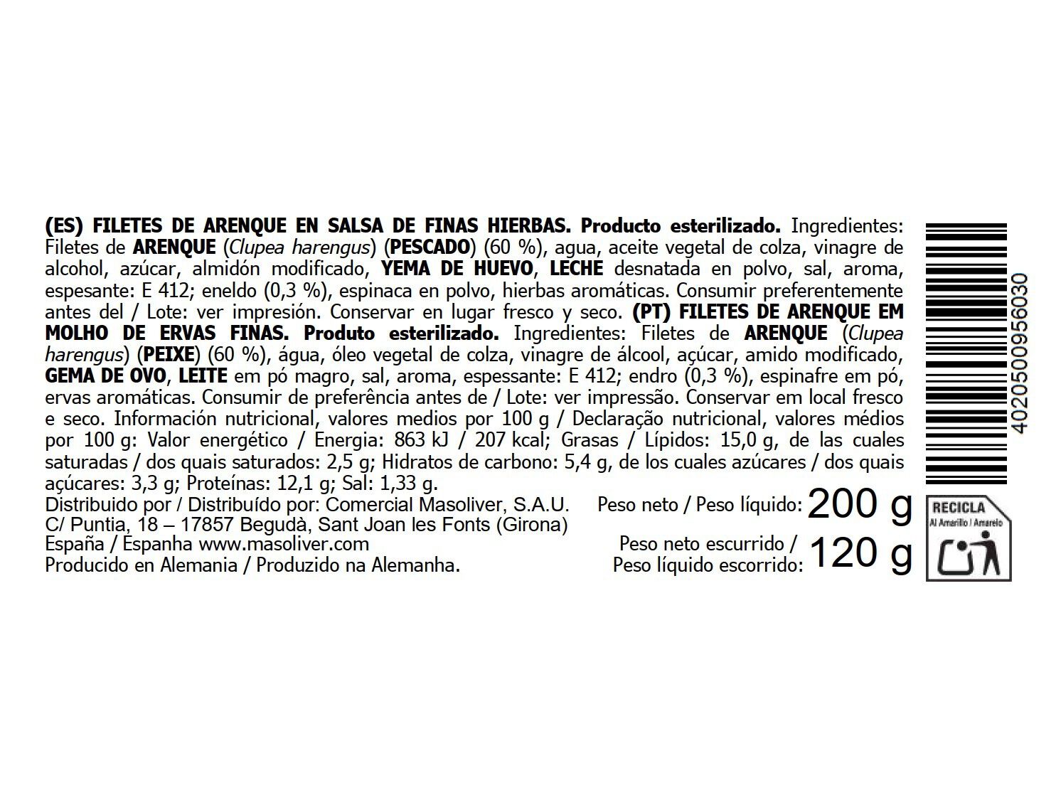 ARENQUES MASOLIVER MOLHO ERVAS FINAS 200(120)G image number 2