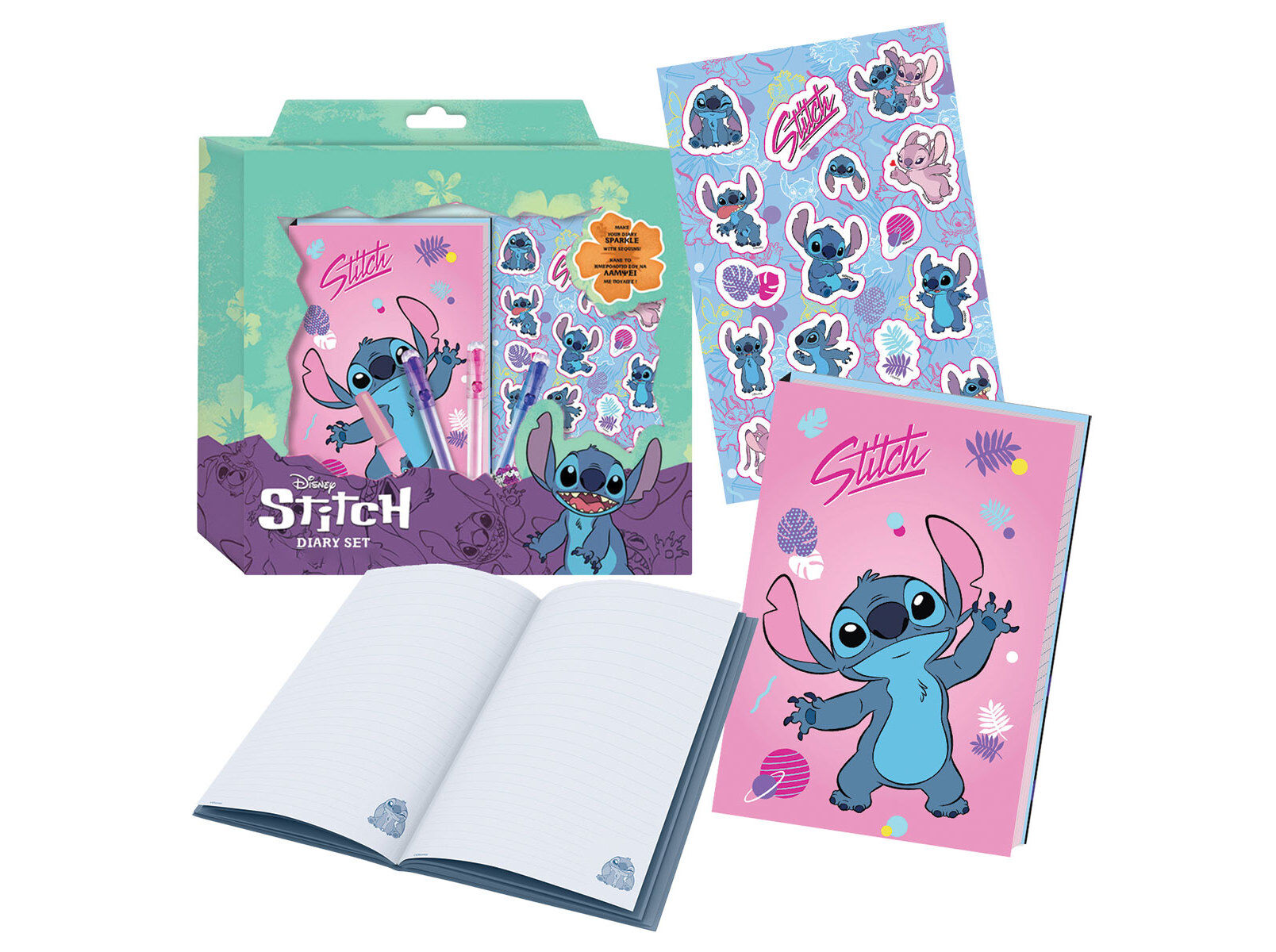SET CADERNO STITCH COM LANTEJOULAS + ESFEROGRAFICA + ETIQUETAS