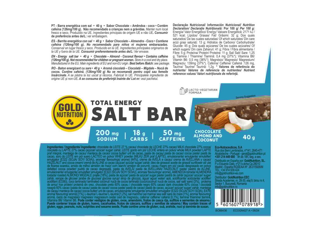 BARRA TOTAL ENER GOLDNUTRIT SALT BAR CHOCO AMENDOA COCO 40G image number 1