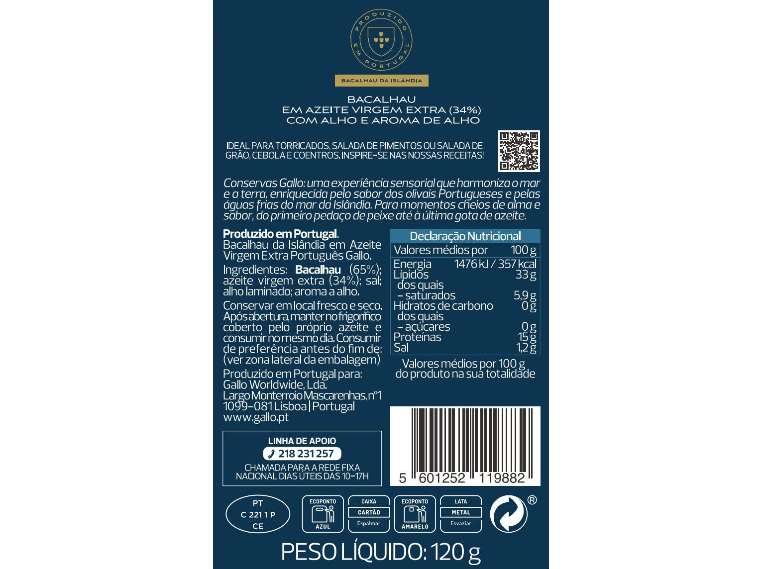 BACALHAU AZEITE VE E ALHO GALLO 120(78)G image number 1