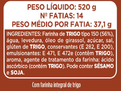 PÃO FORMA PANRICO COM CÔDEA TORRADAS INTEGRAL 520G