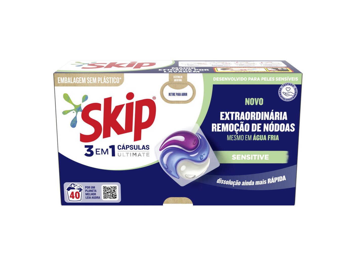 DETERGENTE ROUPA M&Aacute;QUINA C&Aacute;PSULAS SKIP ULTIMATE SENSITIVE EMBALAGEM CART&Atilde;O 40DOSES