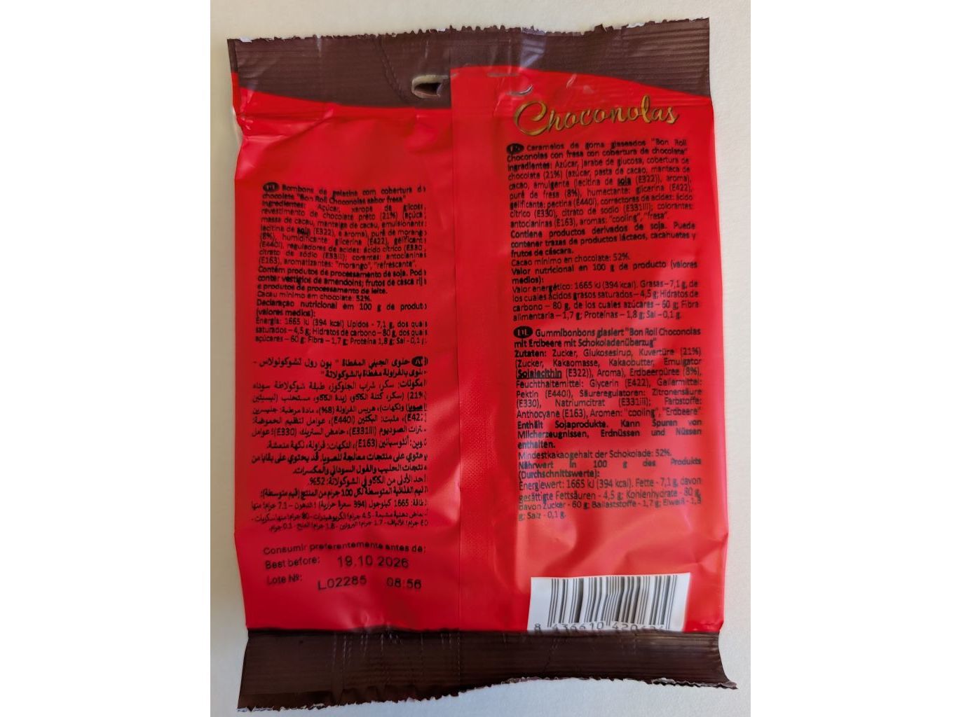 GOMAS BON ROLL MORANGO COBERTURA CHOCOLATE NEGRO 72G image number 1