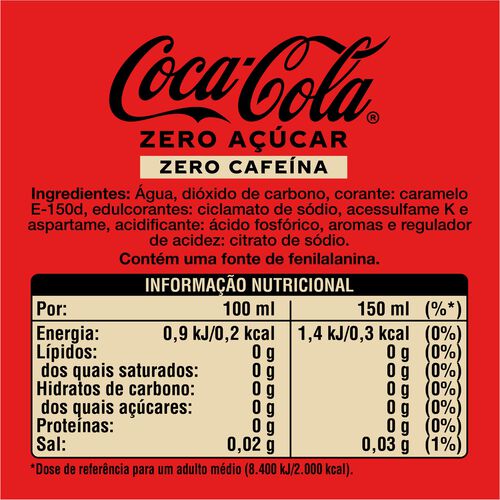 REFRIGERANTE COM GÁS COCA-COLA ZERO CAFEÍNA E ZERO AÇÚCAR 12X0.15L image number 1