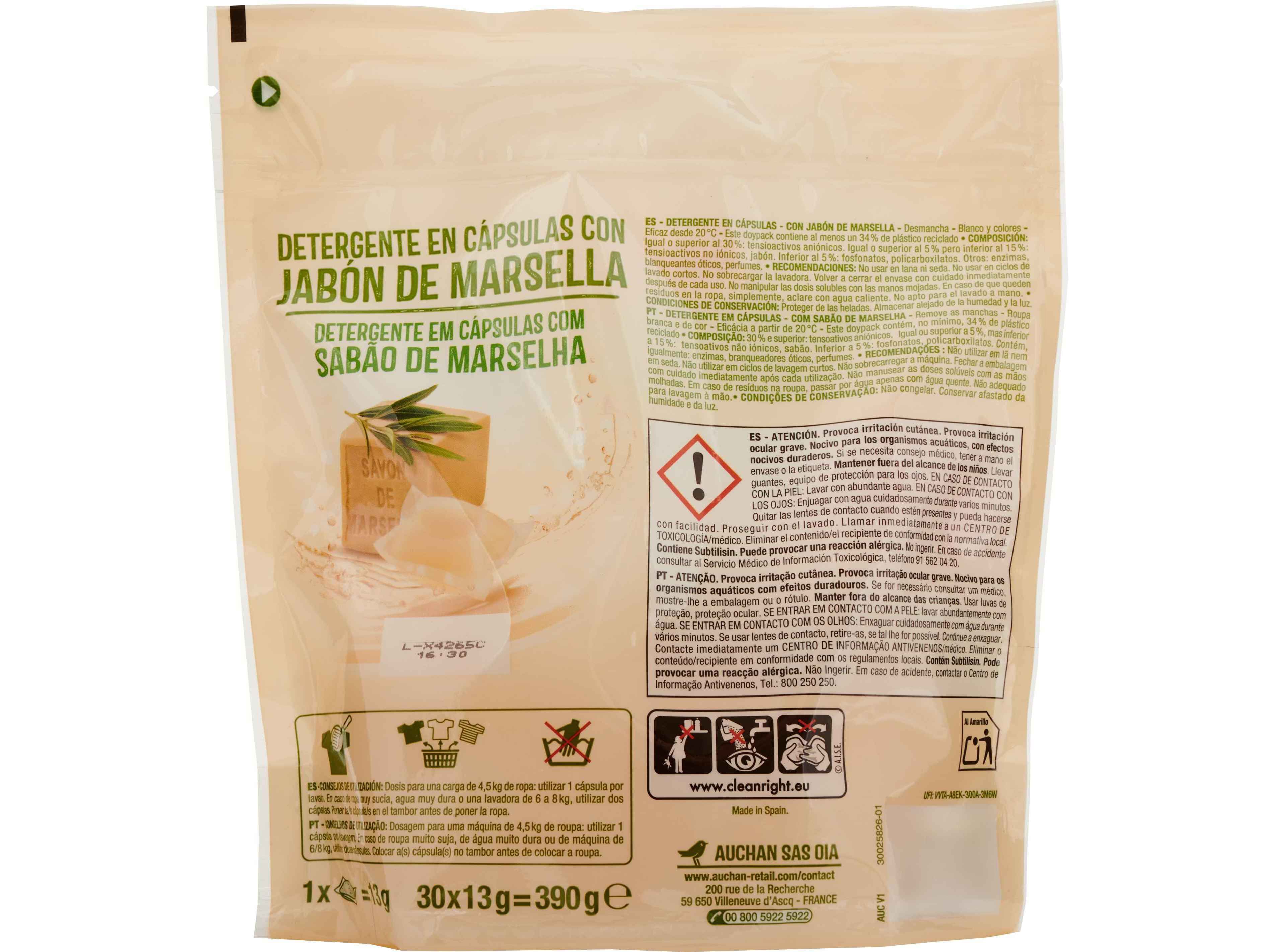 DETERGENTE ROUPA CAPS AUCHAN MARSELHA 30 DOSES image number 1