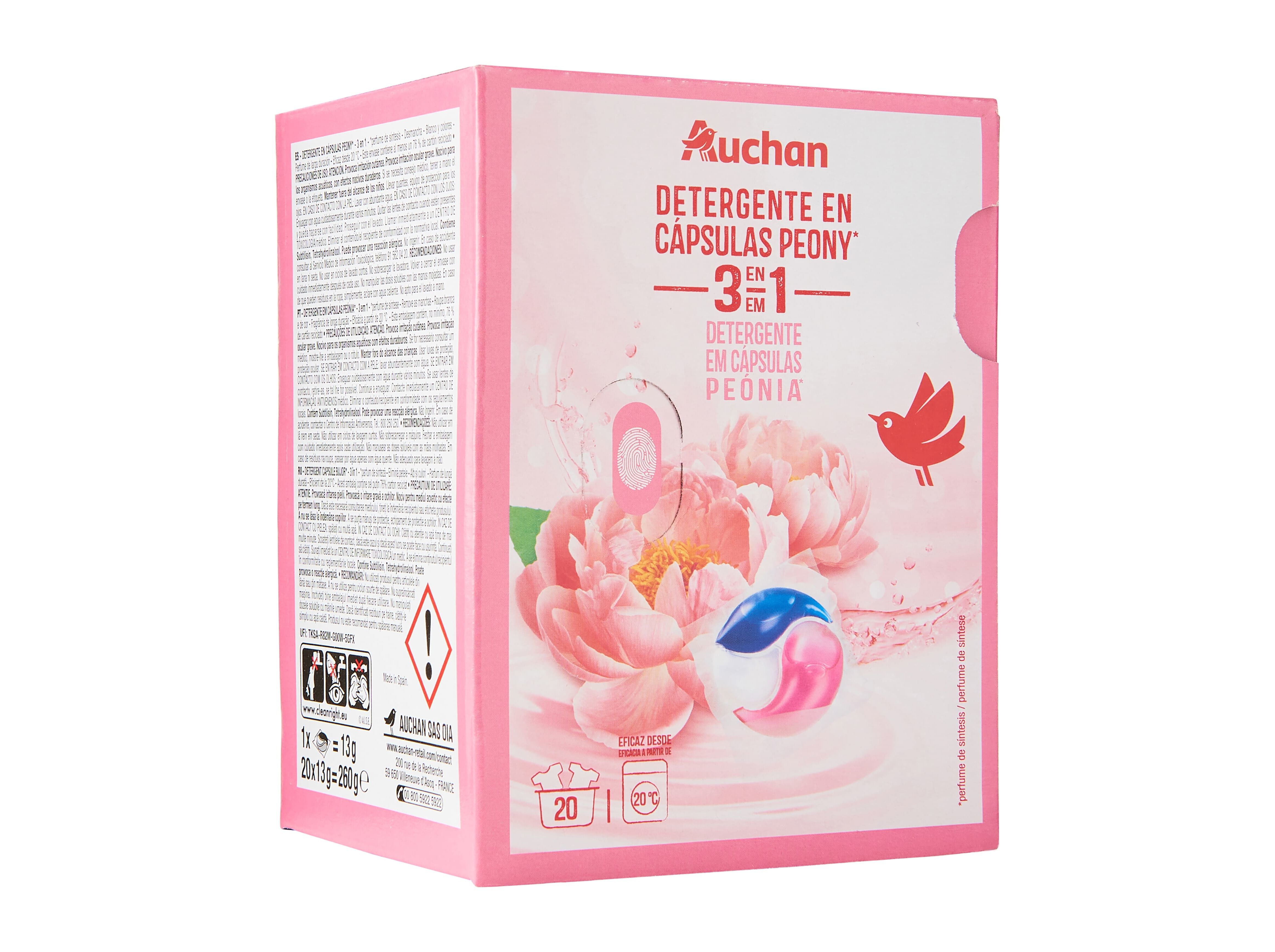 DETERGENTE M&Aacute;Q. ROUPA AUCHAN C&Aacute;PSULAS 3EM1 PE&Oacute;NIA 20D image number 1
