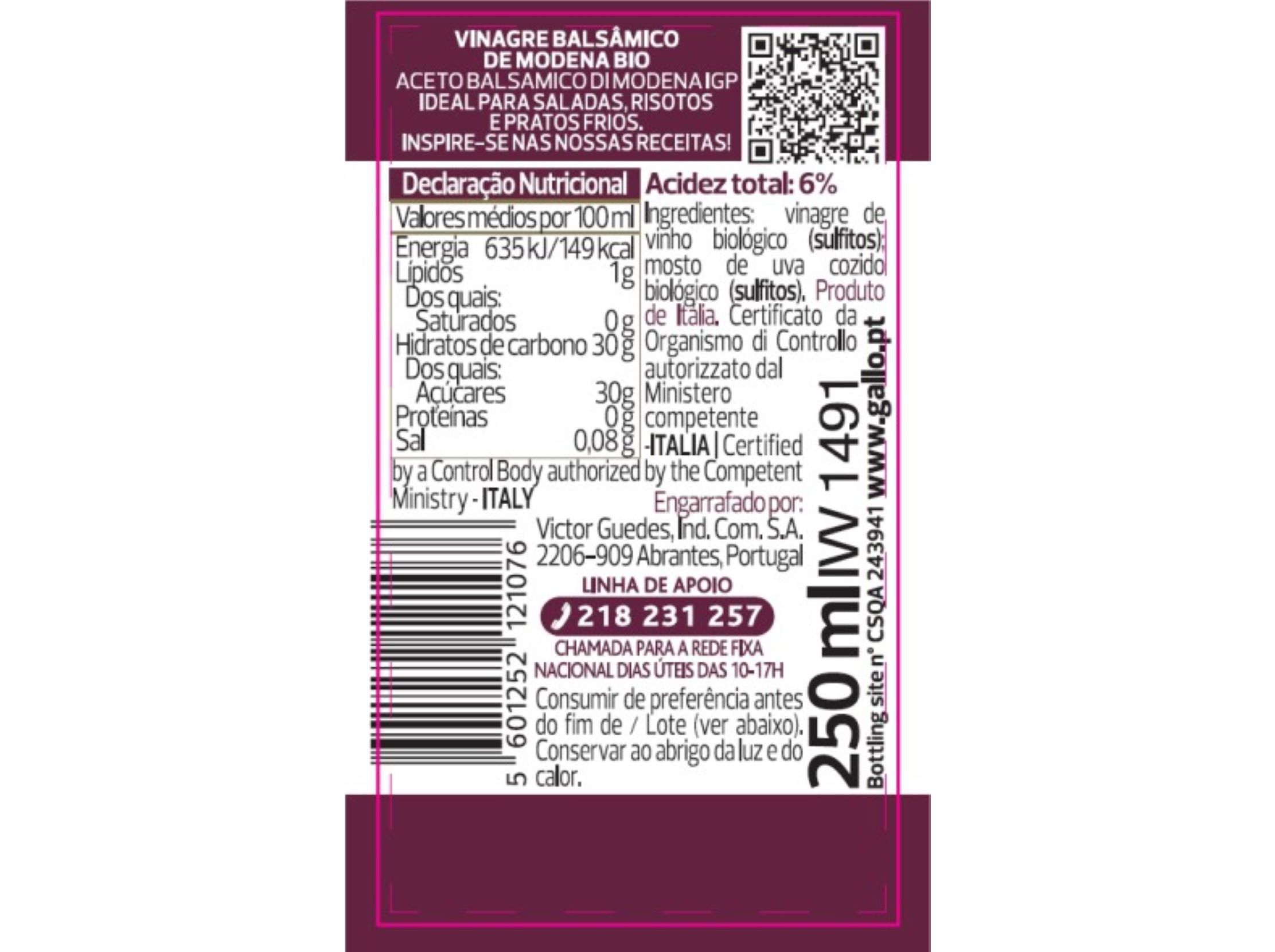 VINAGRE GALLO BALS&Atilde;MICO DE MODENA BIO 250ML image number 1